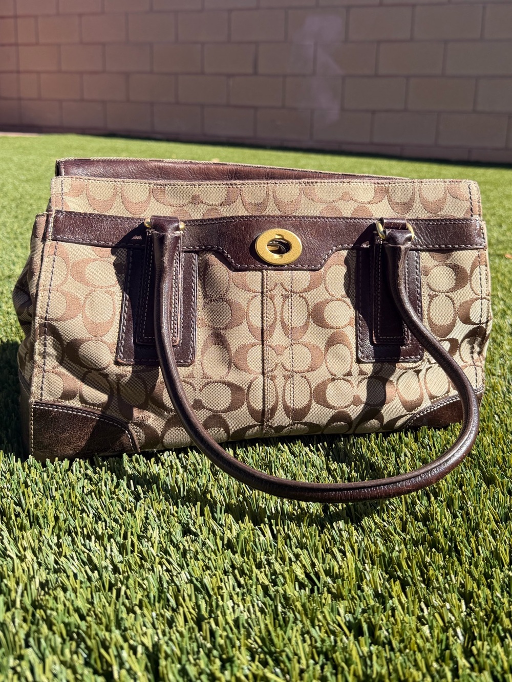 Vintage Coach Signature Canvas Shoulder Bag in Tan and Brown